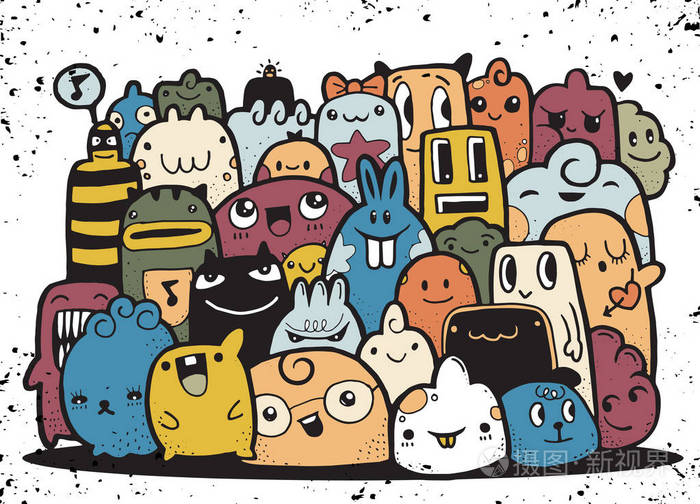 插画 时髦手绘疯狂涂鸦怪物组,绘画风格.vect.eps