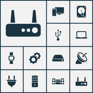 技术图标设置 usb, 硬盘, 音响系统和其他处理器元素。独立的矢量插图技术图标