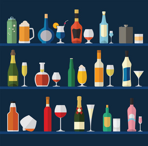 酒精的眼镜和瓶平图标集。不同的酒精饮料