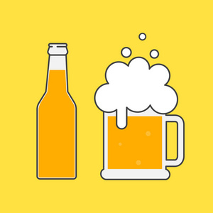 啤酒瓶和啤酒杯。啤酒图标。模仿玻璃啤酒。符号模板徽标。孤立向量插图