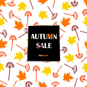 秋季销售背景有五颜六色的枫叶和树枝。矢量插图