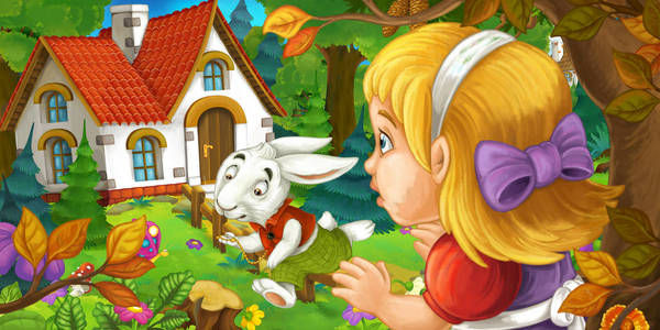在森林里的小女孩卡通场景图片