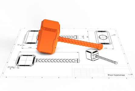 工程图纸附近的雷神锤示意图照片