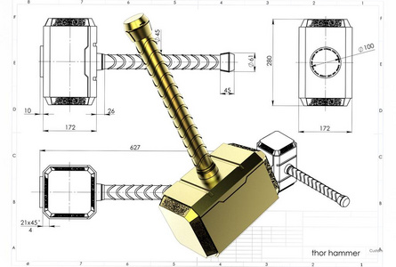 工程图纸附近的雷神锤示意图照片