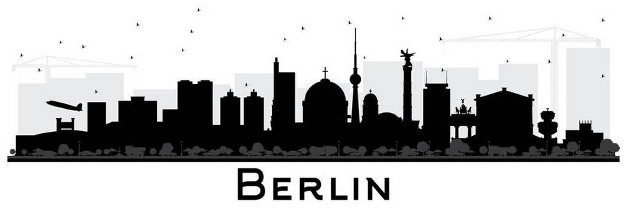 柏林德国天际线剪影与黑大厦被隔绝在白色。矢量插图。商务旅游和旅游概念与历史建筑。柏林城市景观与地标
