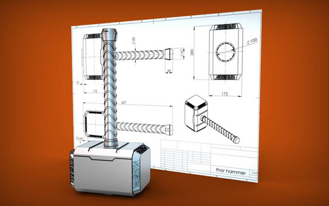 工程图纸附近的雷神锤示意图照片
