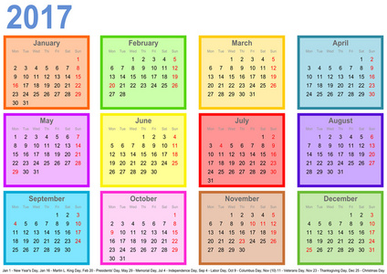每月和假期美国多彩字段与日历 2017 年