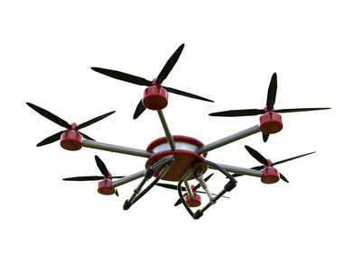 孤立在白色背景上的红色和灰色 hexacopter。3d 图