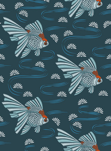 中波与菊花的绣的金鱼.矢量德照片