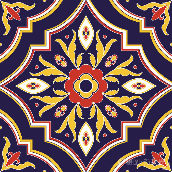 墨西哥瓷砖图案矢量无缝与花卉饰品.