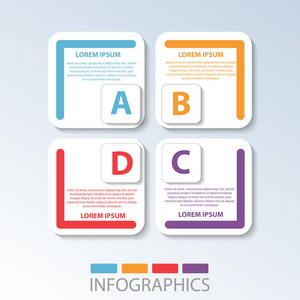 矢量图。用图表 业务 演示文稿 网页设计 启动概念有三个选择，步骤 4 色矩形模板。文本和图标