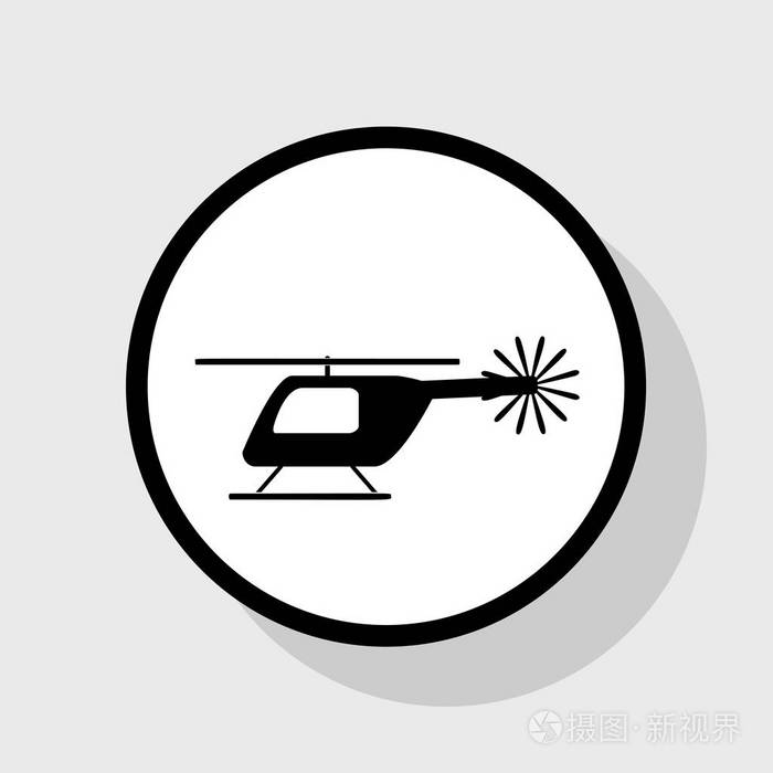 直升机标志图.矢量.在与阴影在灰色背景的白色圆圈的平黑色图标