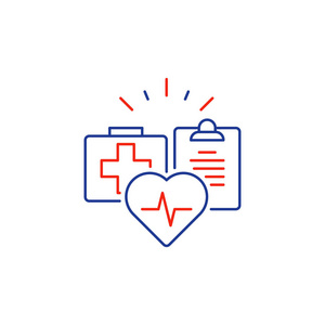 卫生保健服务细线图标 医疗保险标志 心脏心脏病学
