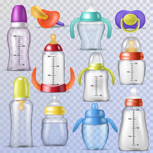 婴儿奶瓶矢量儿童塑料容器, 带有牛奶或瓶装液体用于饮用和儿童奶嘴或婴儿假插图幼稚套在透明背景下隔离的无菌奶嘴