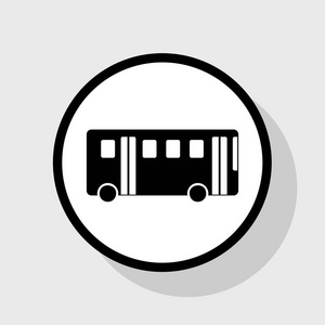 公交车简单的符号。矢量。在与阴影在灰色背景的白色圆圈的平黑色图标
