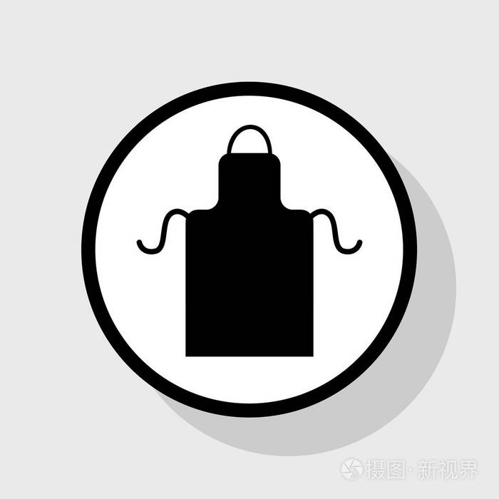 围裙简单的符号.矢量.在与阴影在灰色背景的白色圆圈的平黑色图标
