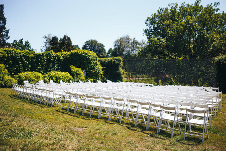 白色的椅子站在绿色草坪的行列中