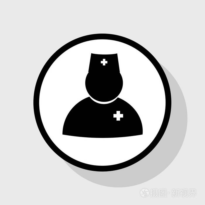 医生标志图.矢量.在与阴影在灰色背景的白色圆圈的平黑色图标
