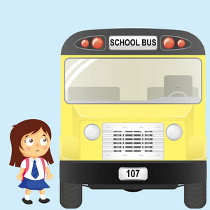 女孩在上学的路上走到学校的公交车
