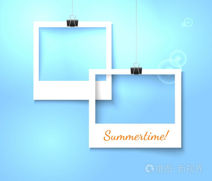本文照片框架组成。明亮的蓝色背景，夏天设计矢量模板