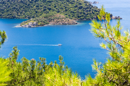 美丽的海湾，位于爱琴海与蓝色的水和松树树山