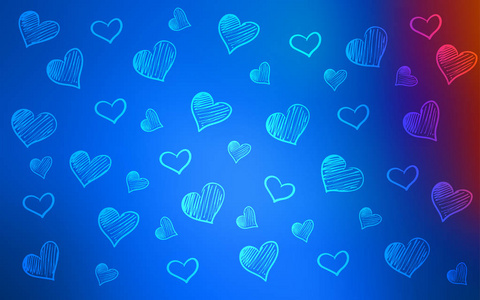 浅蓝色, 红色矢量图案, 带五颜六色的心。在情人节的爱情概念插图。美丽的设计为您的商业广告周年纪念
