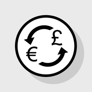 货币汇率的标志。欧元和英镑。矢量。在与阴影在灰色背景的白色圆圈的平黑色图标