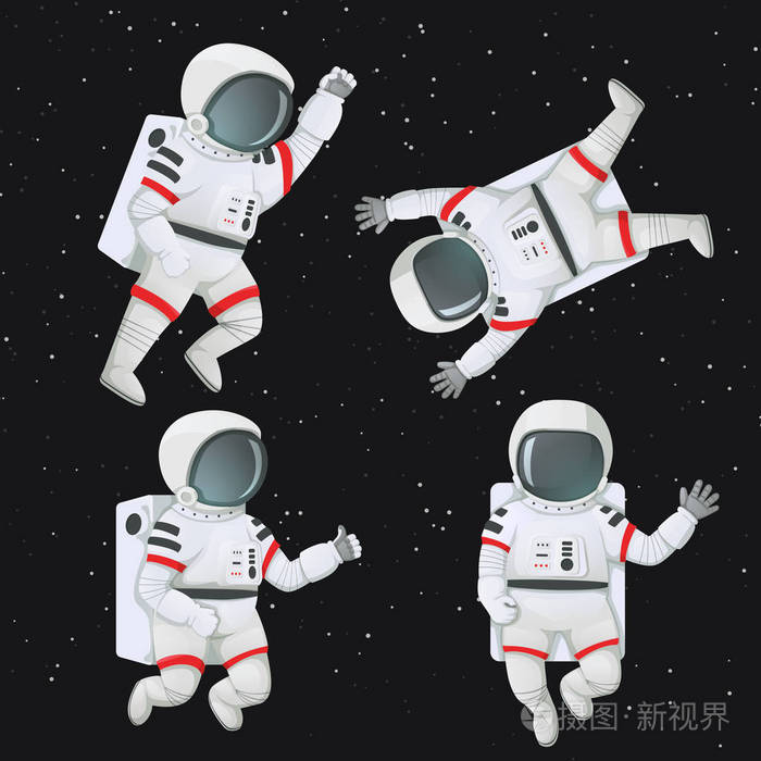 一组宇航员在太空中漂浮在不同的姿势.