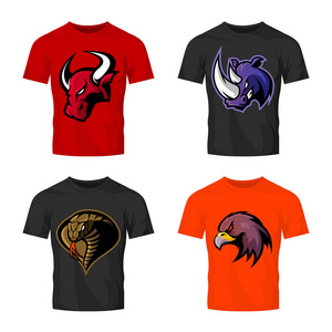 愤怒的公牛 犀牛 眼镜蛇和鹰头套上 t 恤样机孤立的运动矢量标志概念
