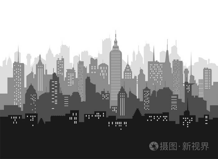平面式城市天际线矢量图黑色阴影下的城市景观