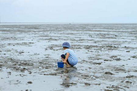 男孩子在夜 songkham 的海地上泥上寻找蜗牛贝壳