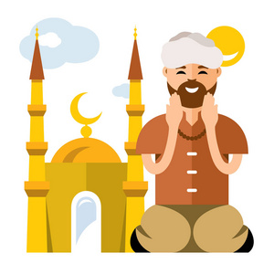 平面样式色彩丰富的卡通插画男人和女人在清真寺的祷告穆斯林的男人和