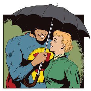 超级英雄拯救女孩从雨。一个英雄拥有一把伞