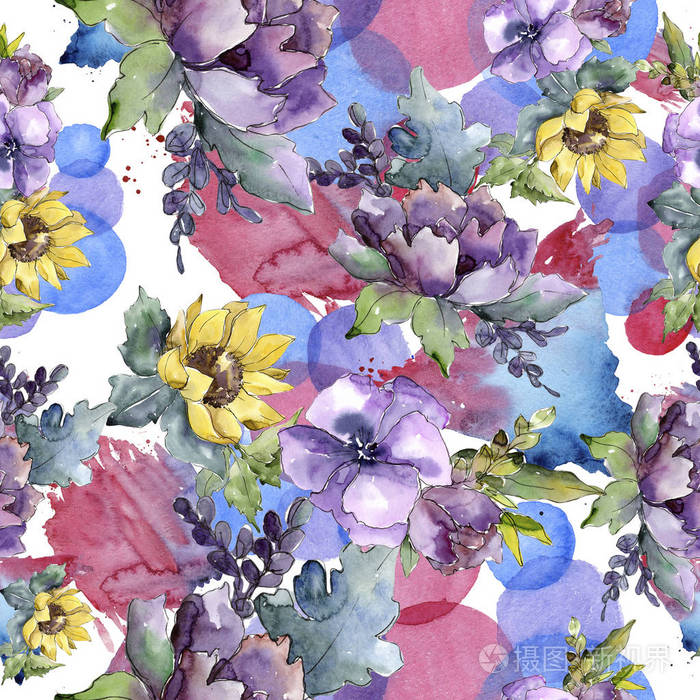 水彩花束花 花卉植物花 无缝的背景图案 植物全名 向日葵 牡丹 亚麻 水彩画野花为背景 纹理 框架或边界照片 正版商用图片0rba6b 摄图新视界