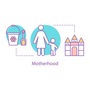 母性概念图标。育儿理念细线插图。母亲走路与学步。矢量隔离轮廓图