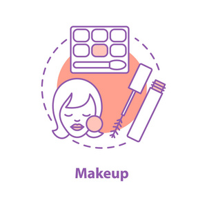 化妆概念图标。化妆品理念细线条插图。睫毛膏, eyeshadows 和脸胭脂。矢量隔离轮廓图