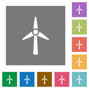 简单颜色正方形背景上的风力涡轮机平面图标