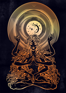 女神空间空间和时间宇宙许多武装女神女孩在莲花位置以长的头发, 六只