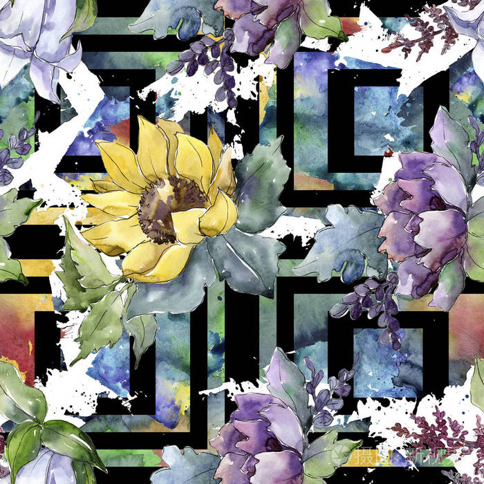 水彩花束花 花卉植物花 无缝的背景图案 植物全名 向日葵 牡丹 亚麻 水彩画野花为背景 纹理 框架或边界照片 正版商用图片0rbhst 摄图新视界