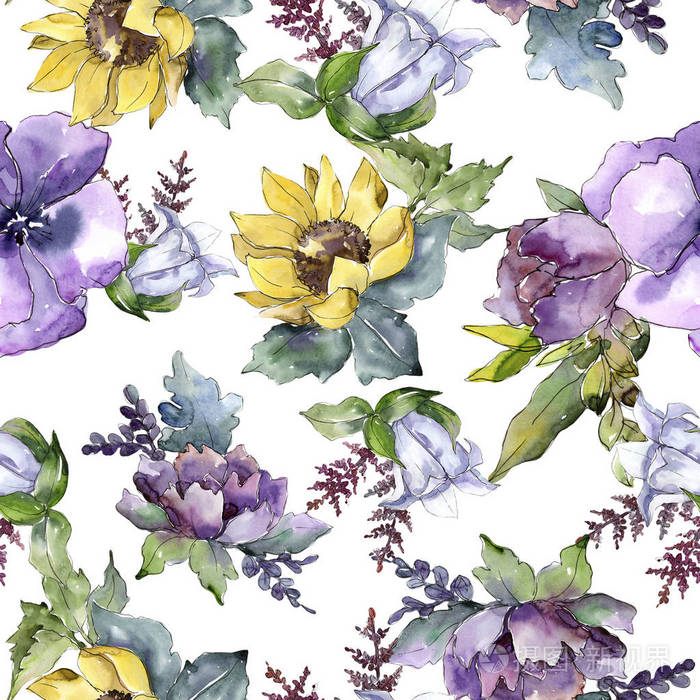 水彩花束花 花卉植物花 无缝的背景图案 植物全名 向日葵 牡丹 亚麻 水彩画野花为背景 纹理 框架或边界照片 正版商用图片0rbikd 摄图新视界