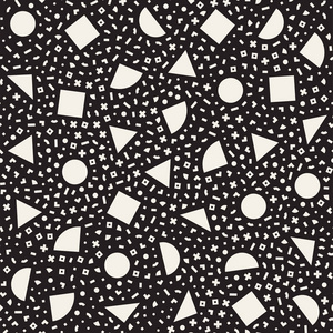 分散简单的几何形状。灵感来自孟菲斯风格。抽象背景设计。矢量无缝黑色和白色不规则花纹