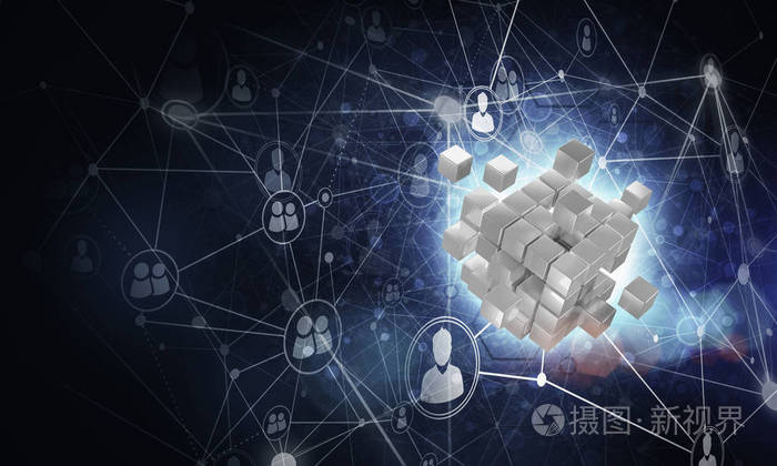 多维数据集图与社会连接线路的概念背景图像.3d 渲染