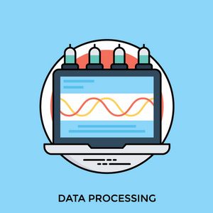 笔记本电脑屏幕与灯泡的边缘和数据的横向波, 数字化的数据处理图标