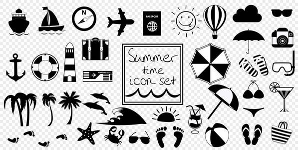 矢量黑色和白色夏季旅行或度假海滩大图标设置隔离在透明的背景。用于设计的单色剪贴画图标。web 图形的简单剪影插图