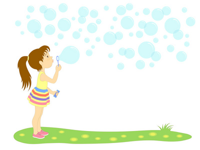 吹肥皂泡泡一个小女孩的图片与文字的背景照片