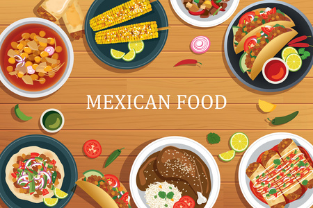 木制的背景是墨西哥食物。矢量的墨西哥食物顶视图