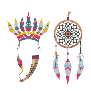 狂野的西部印第安羽毛头饰设计元素传统艺术理念与本土部落民族羽毛文化装饰设计矢量图