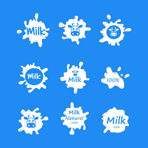 矢量牛奶或酸奶或奶油标识标签。牛奶斑点。农场食品设计徽章标志图标。矢量插图