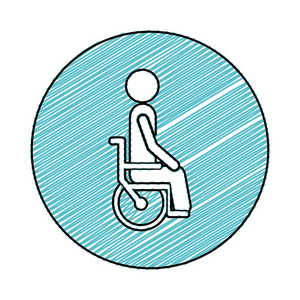 彩色铅笔绘制圆形框架的人坐在轮椅上平面图标