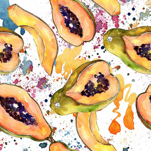 异国情调的热带健康食品, 以水彩风格。无缝的背景图案。水果的全名 木瓜。水彩画 wilfruit 背景纹理包装图案或菜单